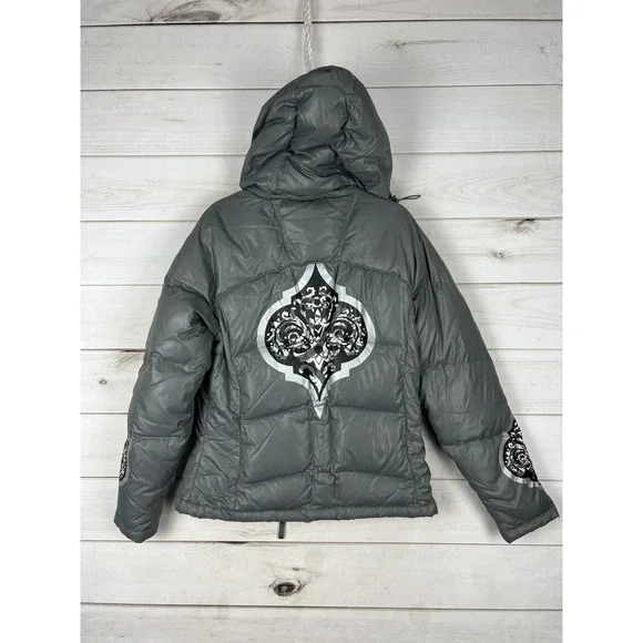 Athleta Down Puffer Jacket Womens Medium Gray Removable Hood Print Ski Outdoor - Picture 2 of 9